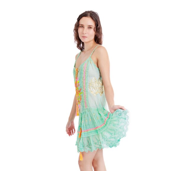 Boho Embellished Aqua Blue Sun Dress with tassels and embroidery Cotton Size S - Picture 4 of 13
